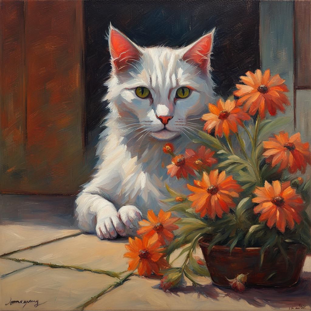 Cat Surrounded by Flowers as Oil Painting