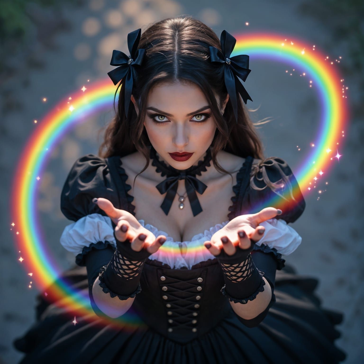 Goth Sorceress Plays With Rainbow Light