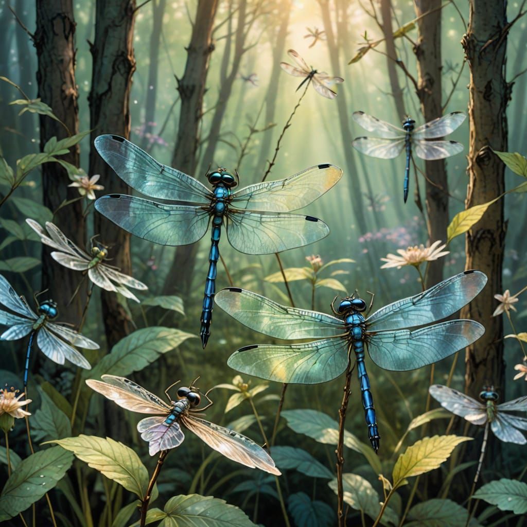 Dragonflies in Forest as Watercolor Illustration