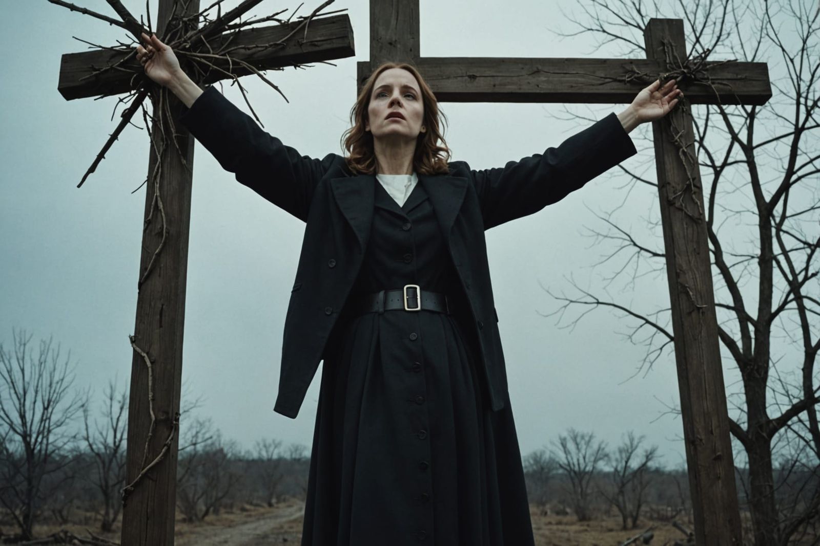 Dramatic Film Still of Mary on a Cross