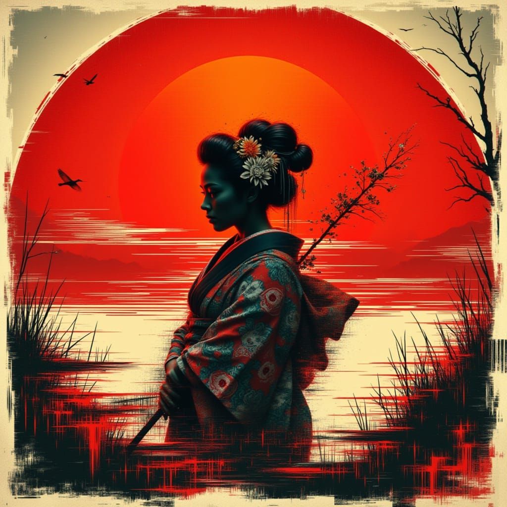 Surreal Geisha Scene in Vibrant Cyberpunk Style