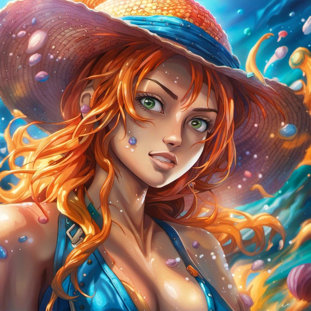 Hyperrealistic Nami from One Piece in Splash Art Style