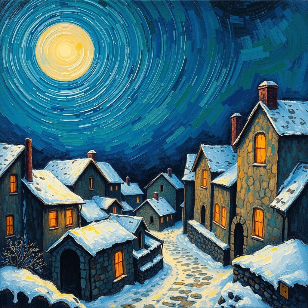 Moonlit Village Scene in Expressive Post-Impressionist Oil P...