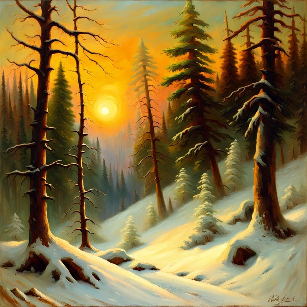 Snowy Evergreen Forest Painting in Bierstadt Style