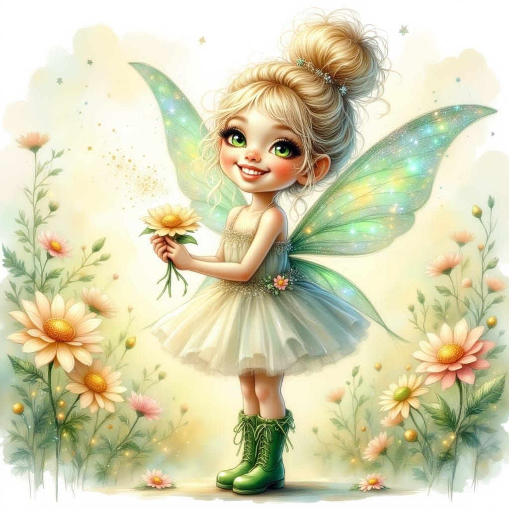 Dreamy Daisy Fairy Blowing Glitter Dust, Watercolor Style