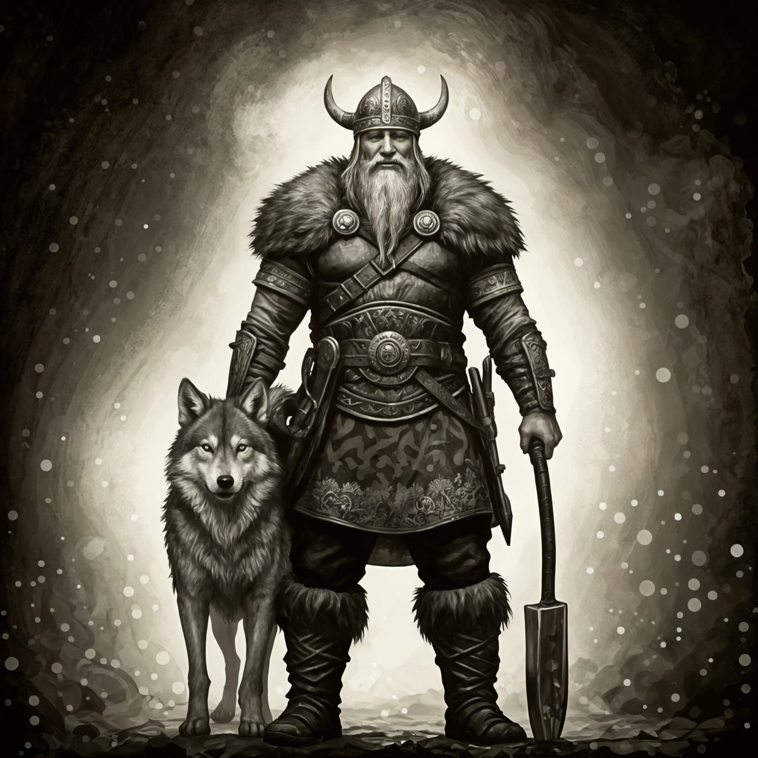 Smiling Viking and Wolf in Retro Illustration Style