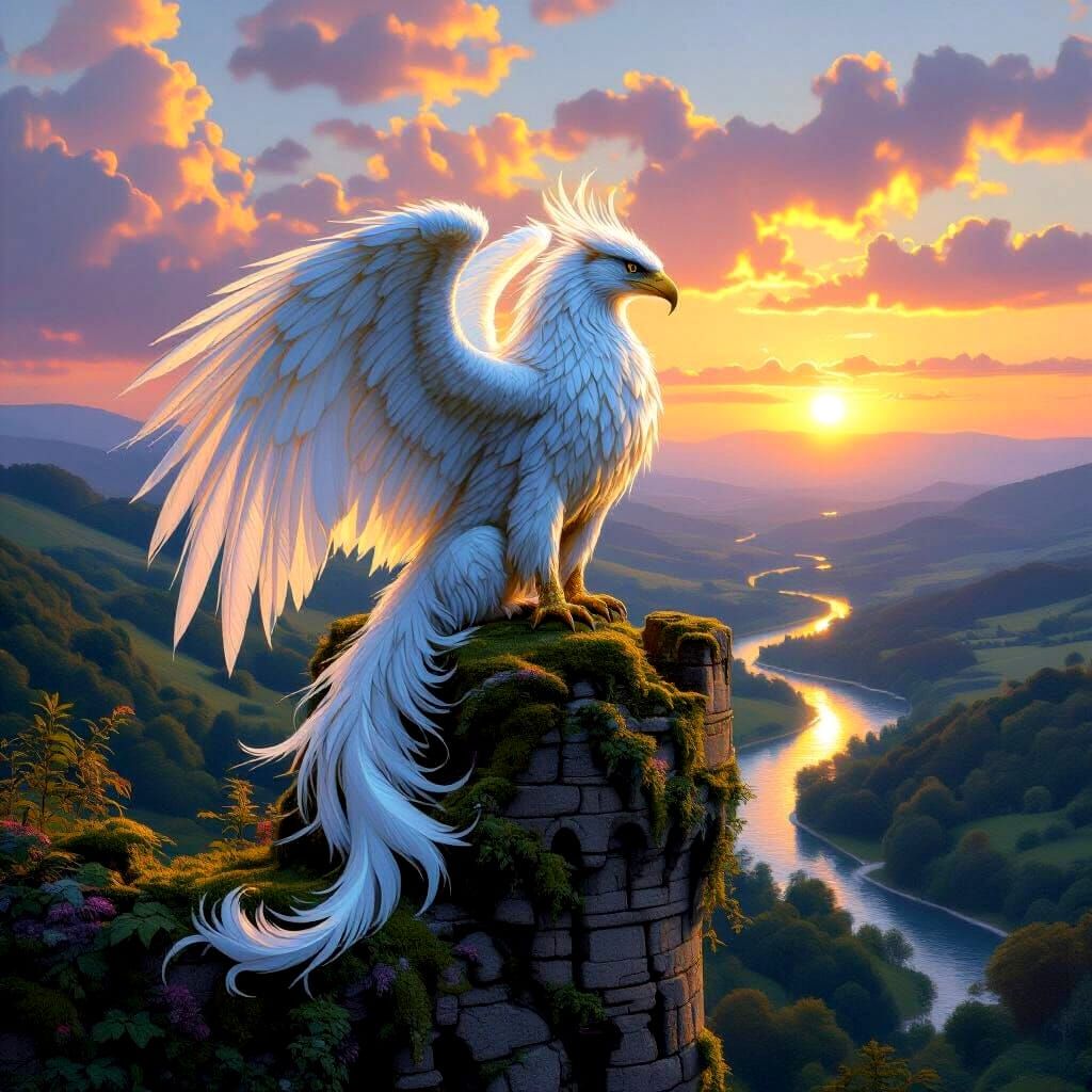 Opalescent Griffin Perched on Ancient Castle