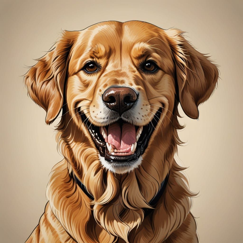 Golden Retriever Caricature With Exaggerated Smile