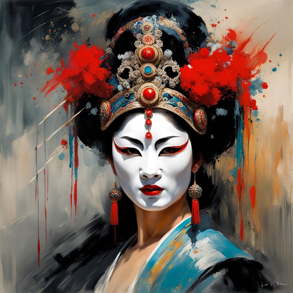 Chinese Opera Dancer with Mask in Expressive Style