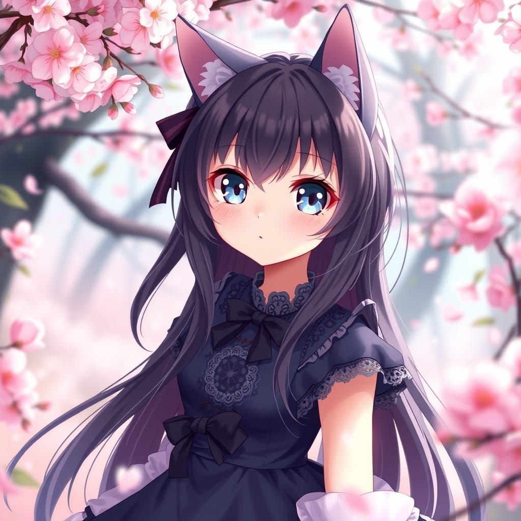 Anime Cat Girl in Whimsical Cherry Blossom Forest