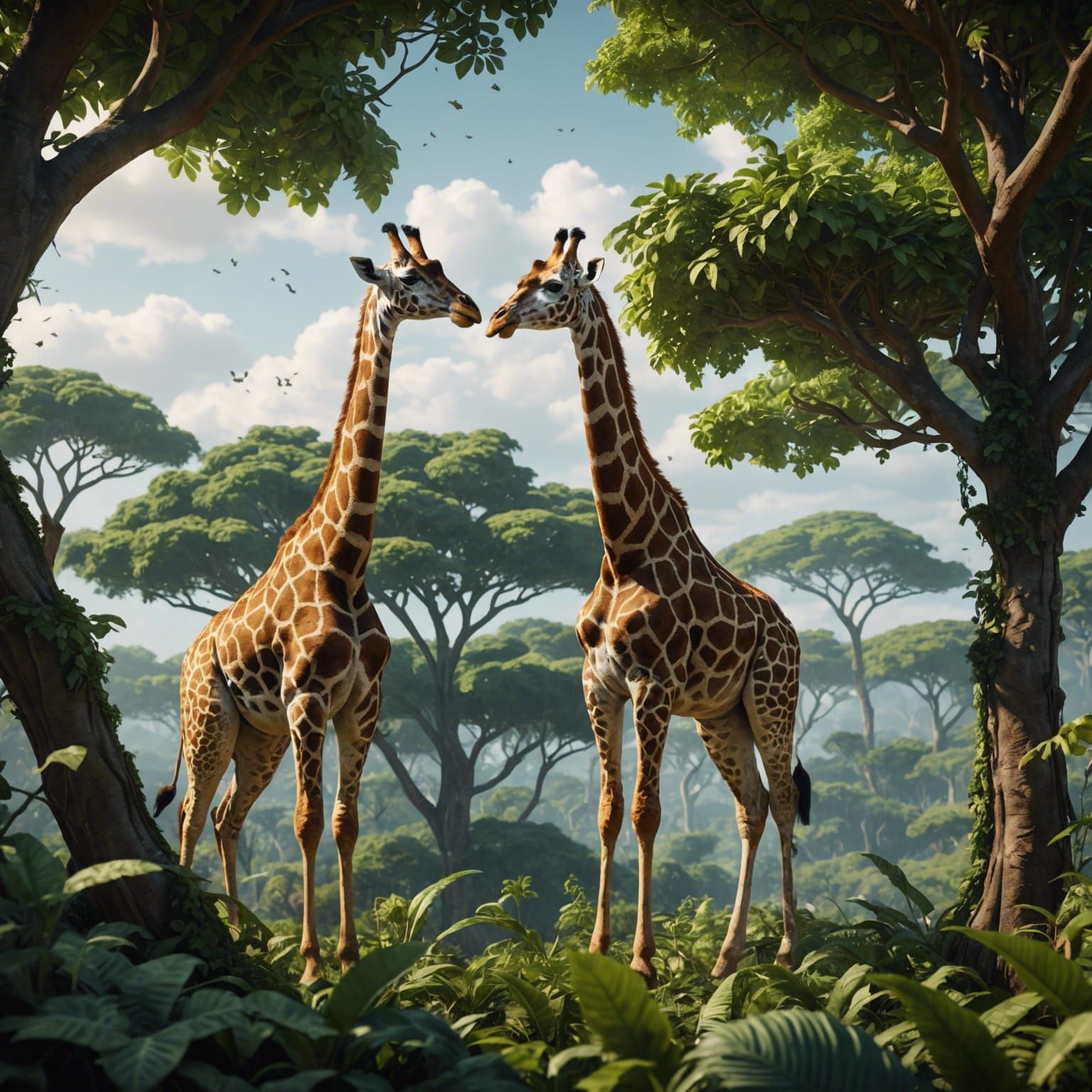 Giraffes Eating Leaves in a Detailed Matte Painting