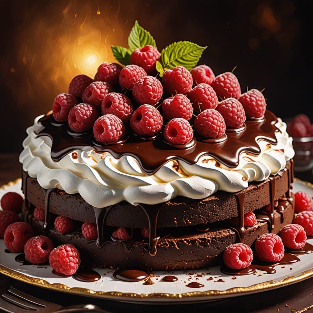 Hyperrealistic Chocolate Torte with Raspberries