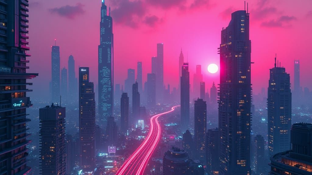 Synthwave Cityscape at Dusk in Neon Lights