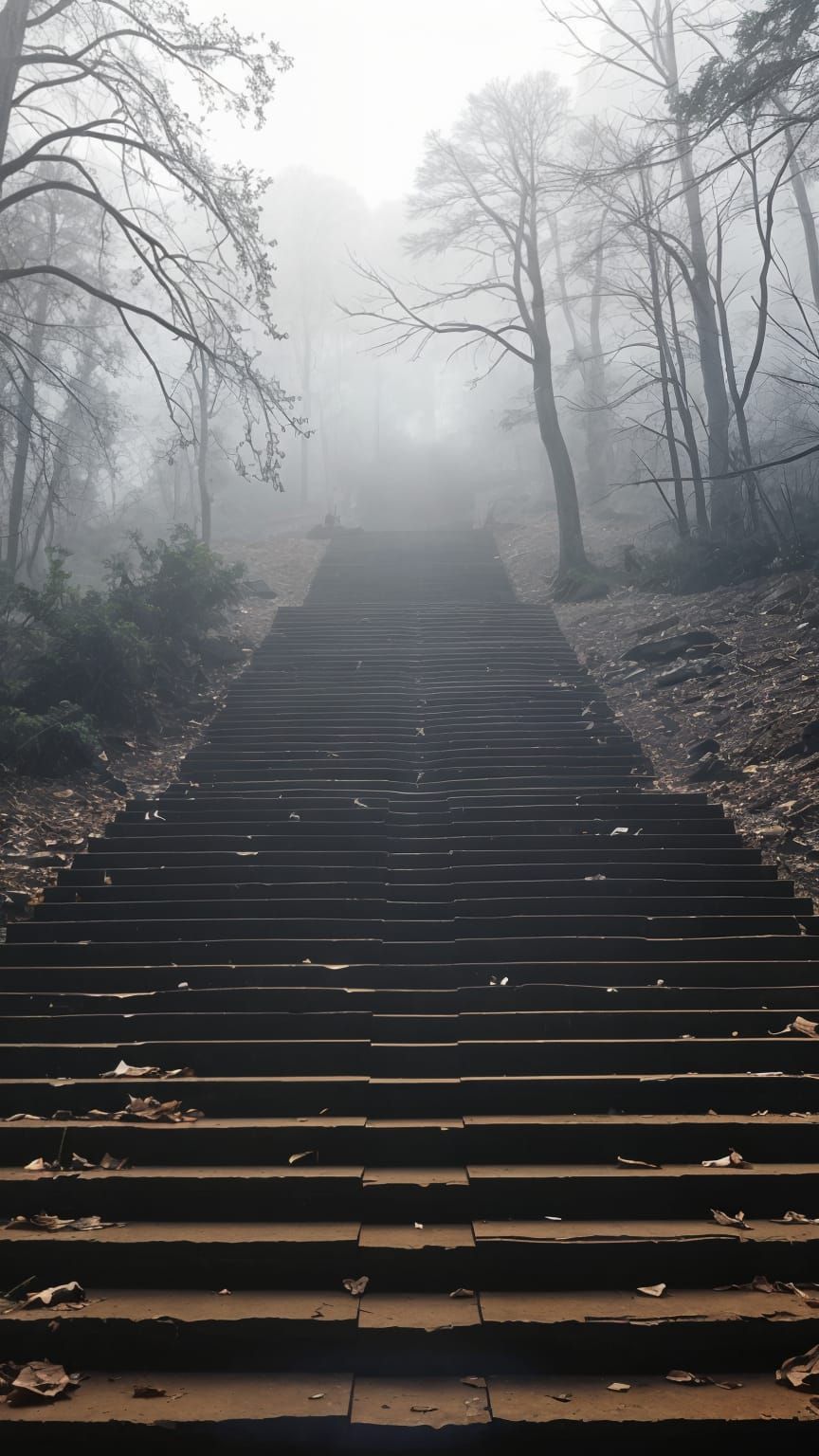 Surreal Stairway to Nowhere in Foggy Forest