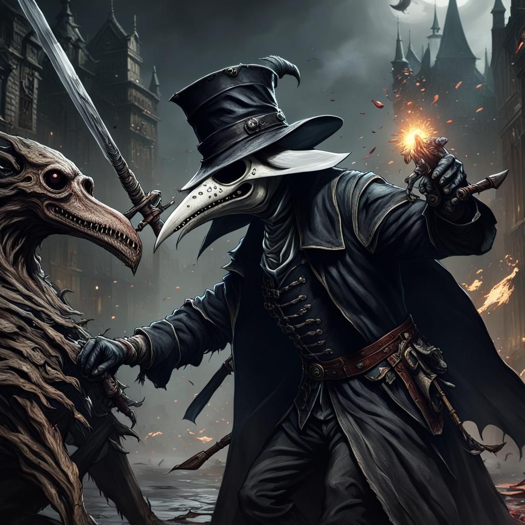 Plague Doctor vs. Monster in Dark Fantasy Style