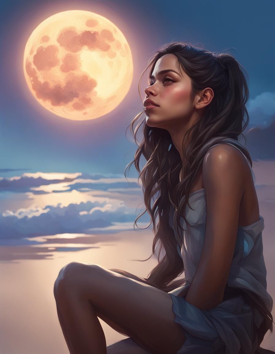 A girl resembling Jenna Ortega sitting on the beach, looking up at the moon.