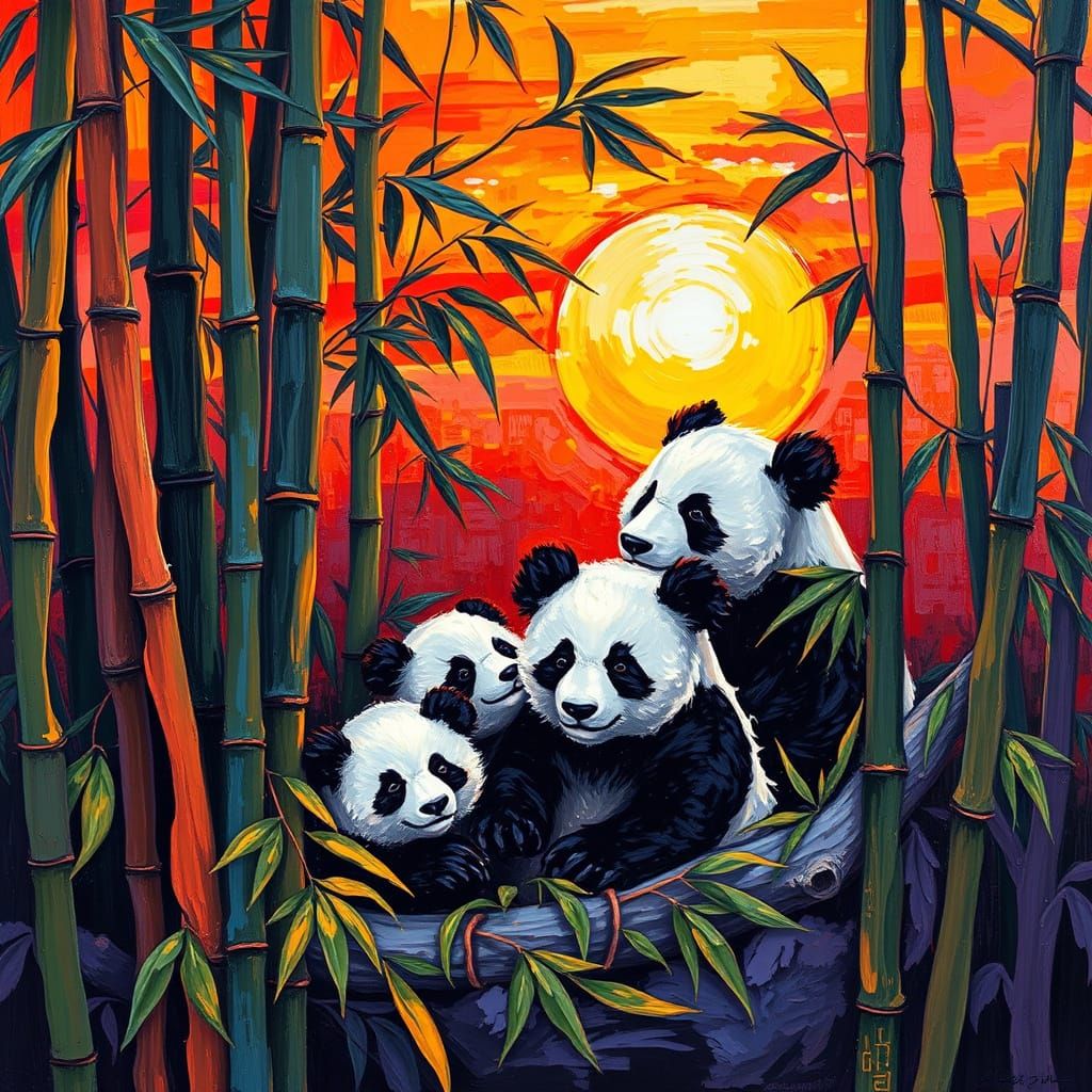 Pandas in Bamboo Jungle Sunset Oil Painting