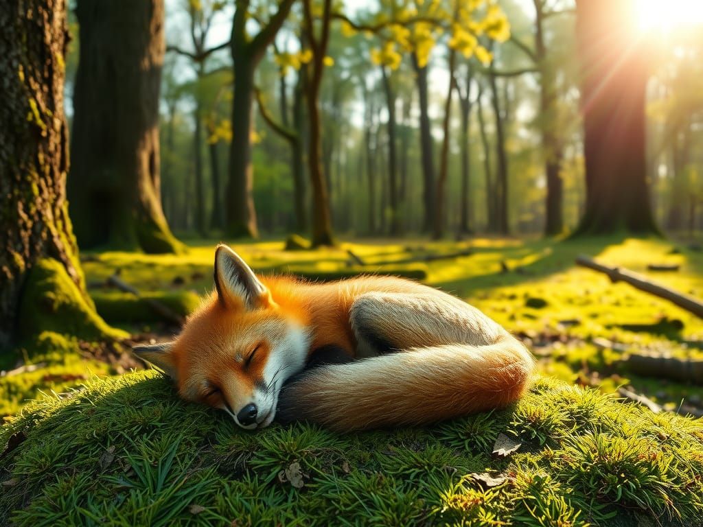 Fox Sleeping Peacefully in Sunlit Forest Clearing