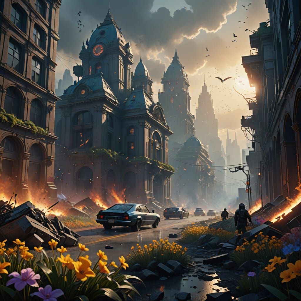 Cinematic Contrast: Hope Emerging from War-Torn Ruins