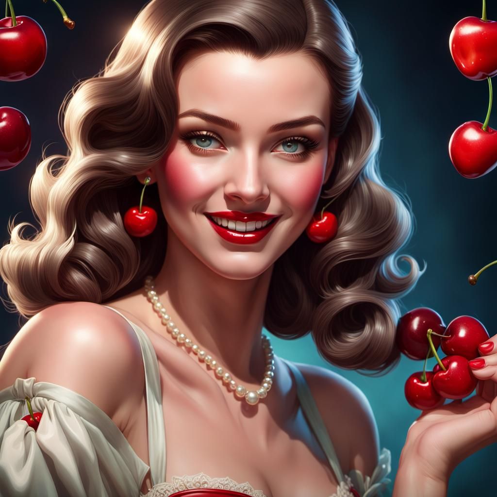 1940s Woman with Cherry, Digital Portrait