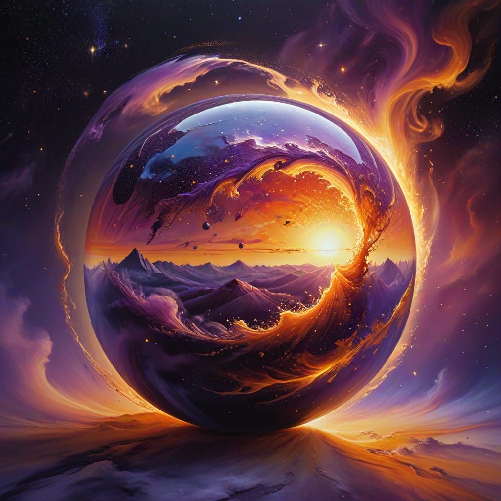 Surreal Sunset Sphere Floating in Cosmic Void