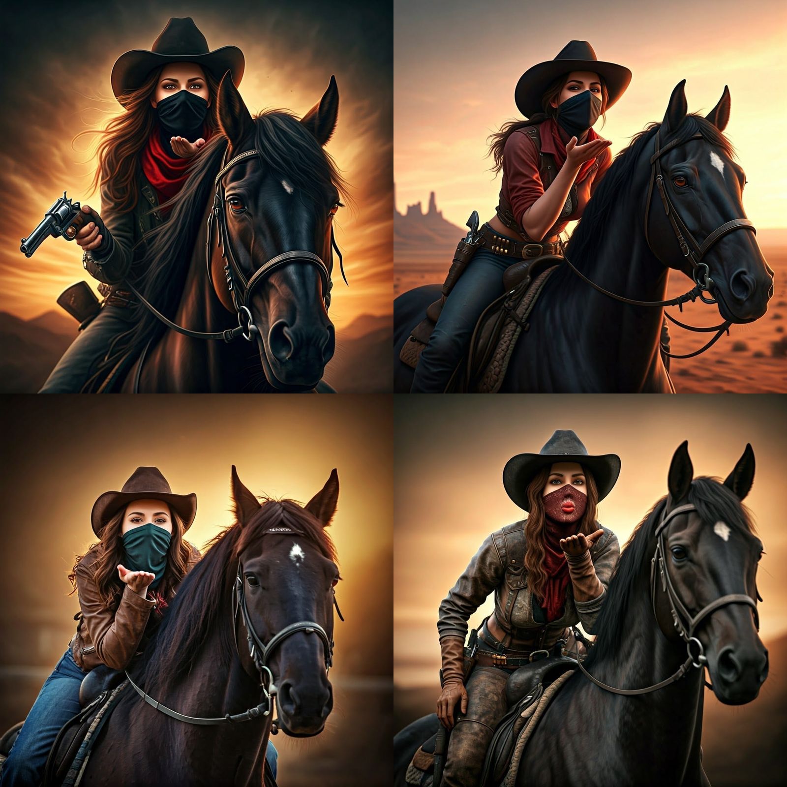 Masked Cowgirl on Black Horse, Hyperrealistic Rendering