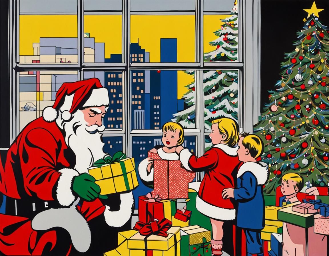 an oil painting of a family opening gifts at Christmas, Sant...