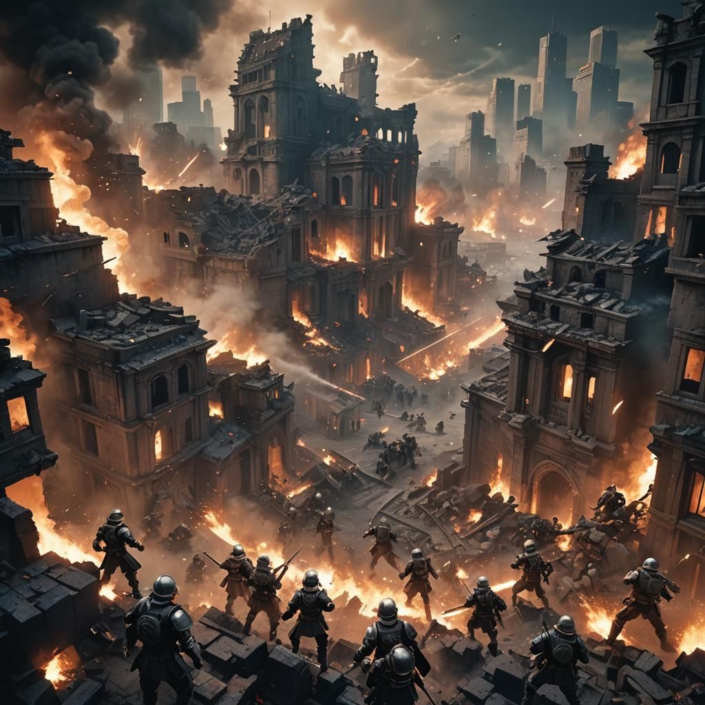 Epic Anime Battle Scene in a Ruined Cityscape
