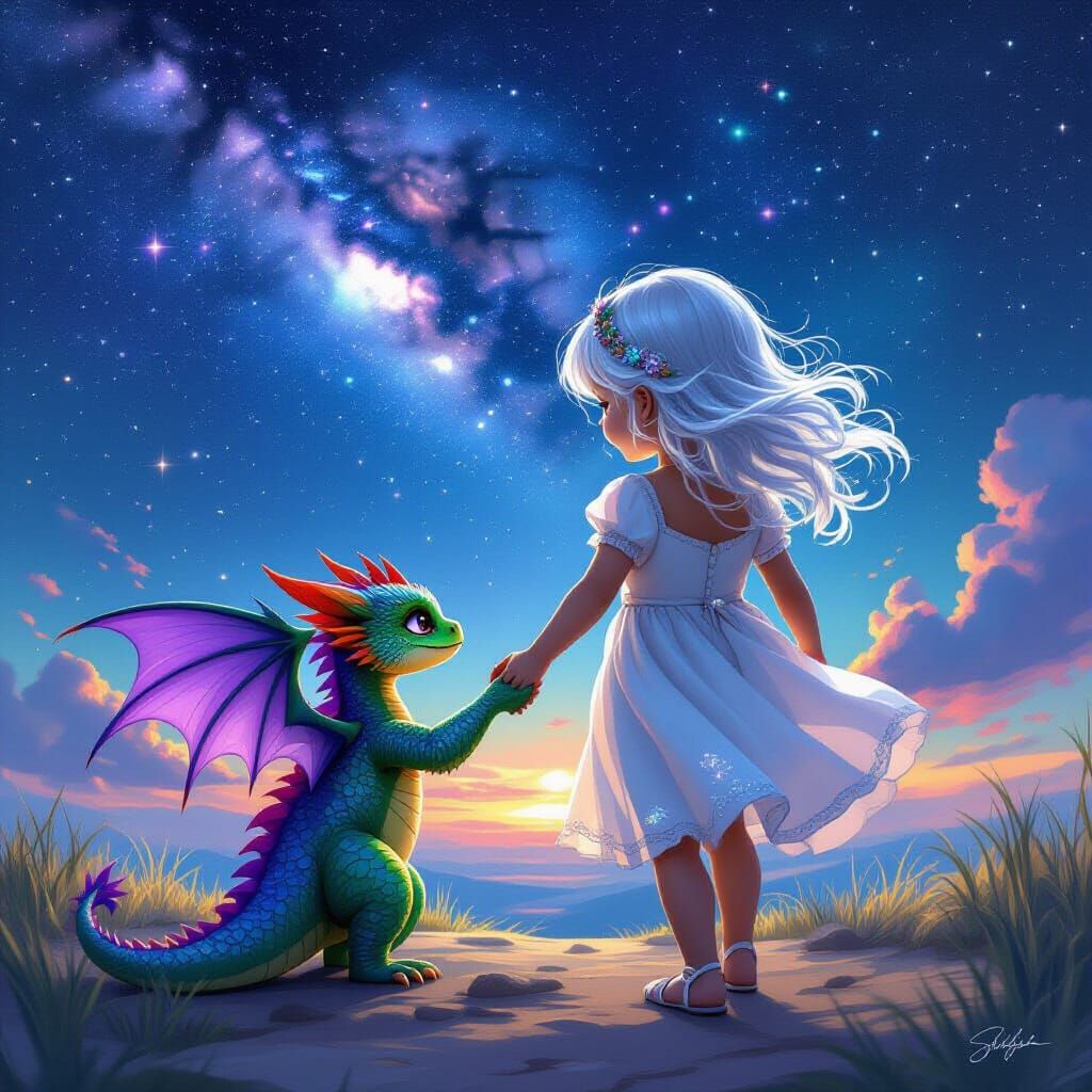 Girl and Dragon Under Cosmic Sky, Fantasy Digital Art