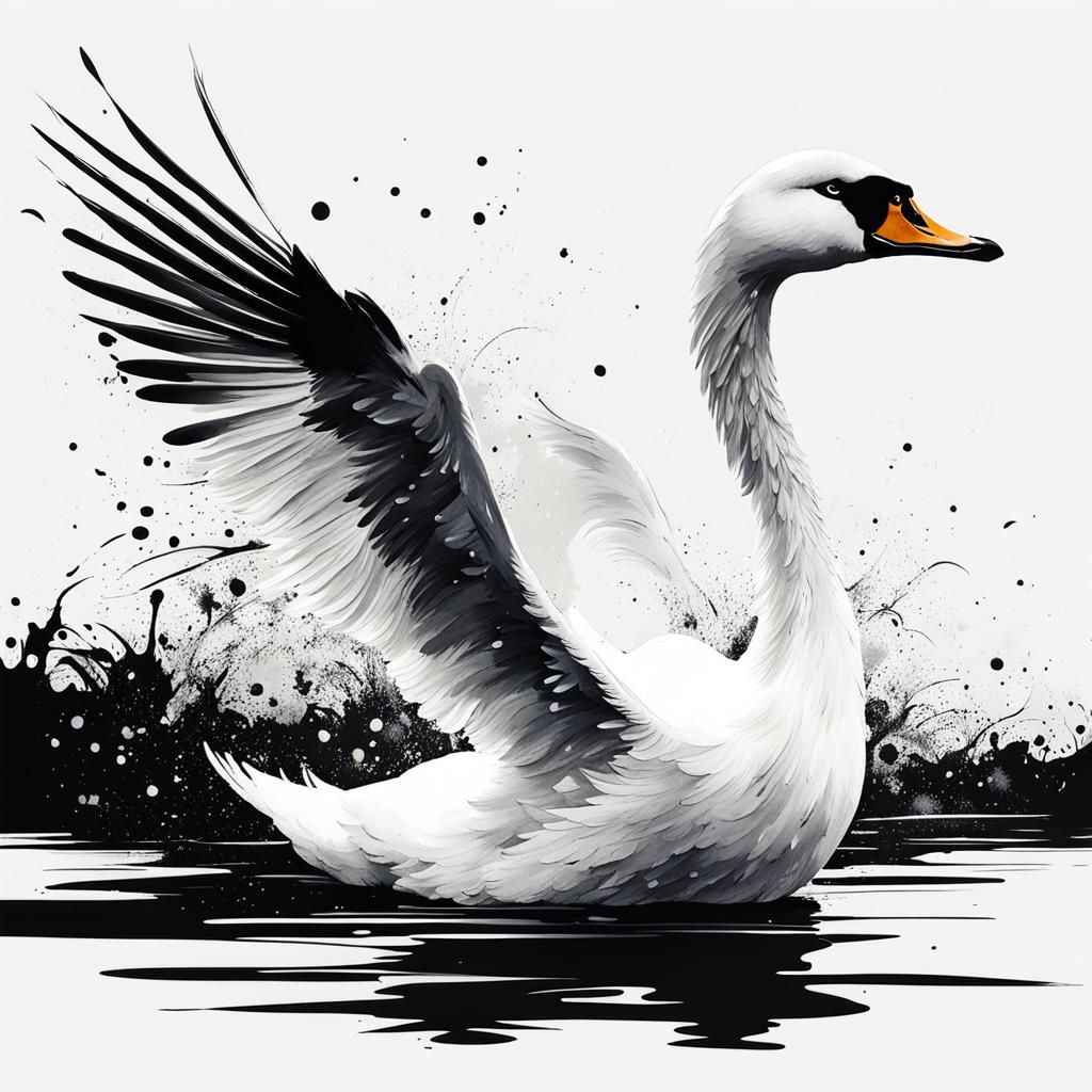 Swan in Ink Blizzard: Sumi-e Style