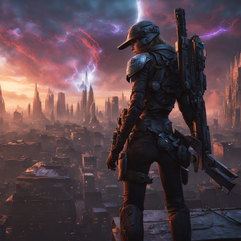 Cyberpunk Vampire Hunter on Rooftop, Digital Art