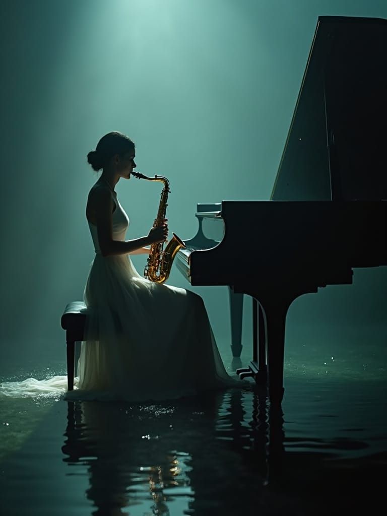 Elegant Woman Plays Saxophone by Grand Piano in Dimly Lit At...