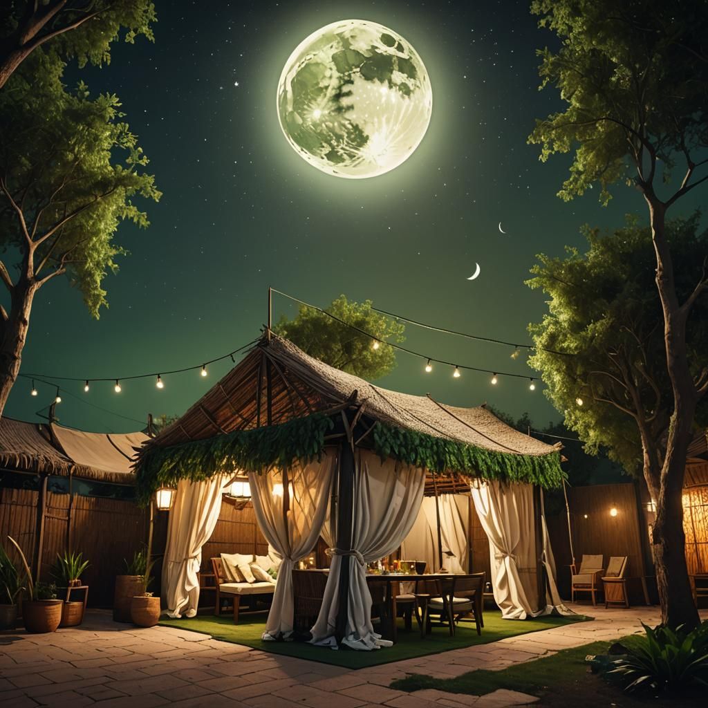 Moonlit Sukkah with Ominous Shadow, Digital Art