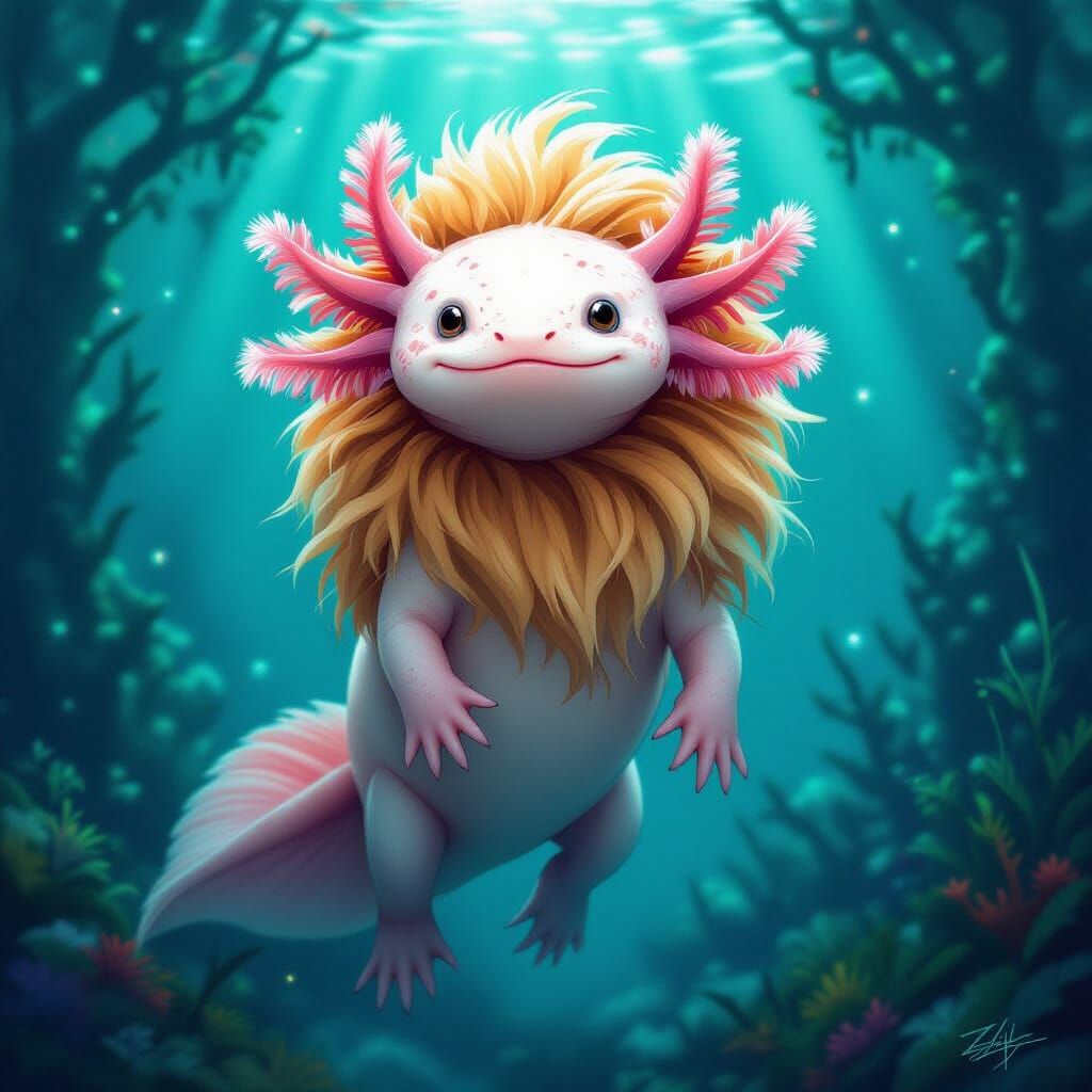Axolotl Lion Hybrid in Bioluminescent Underwater Forest