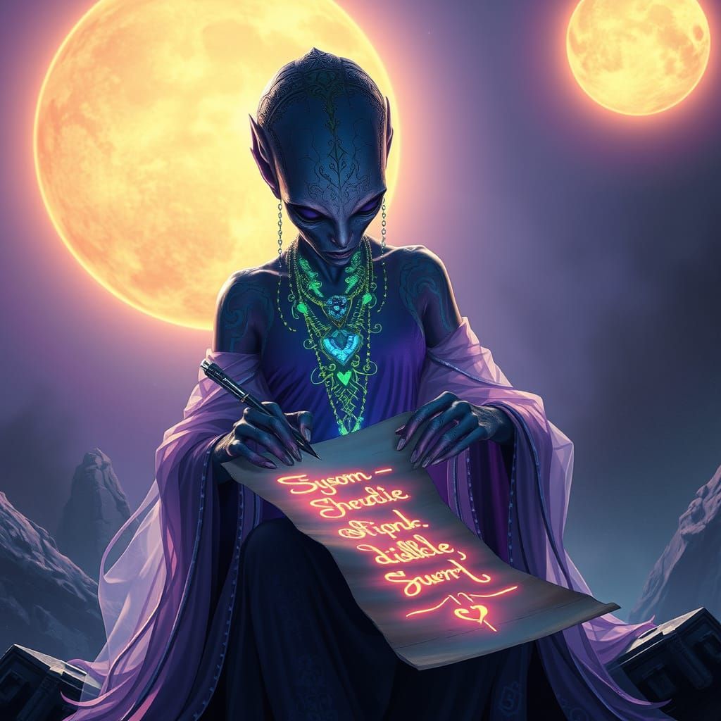 Ethereal Alien Scribe Writes Glowing Message