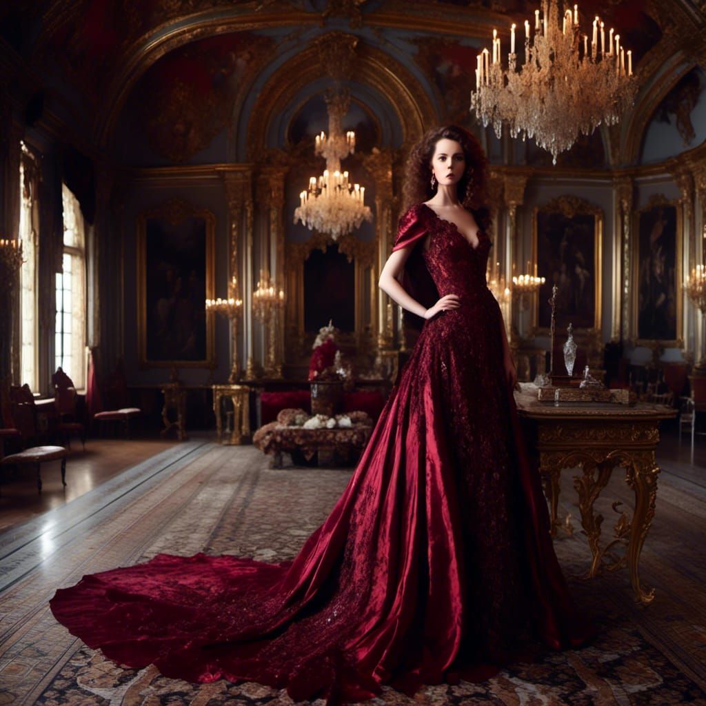 Brunette Woman in Silk Dress Posing in Castle
