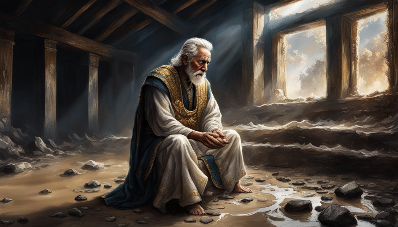 Biblical King Praying in Mud House, Hyperrealistic Art