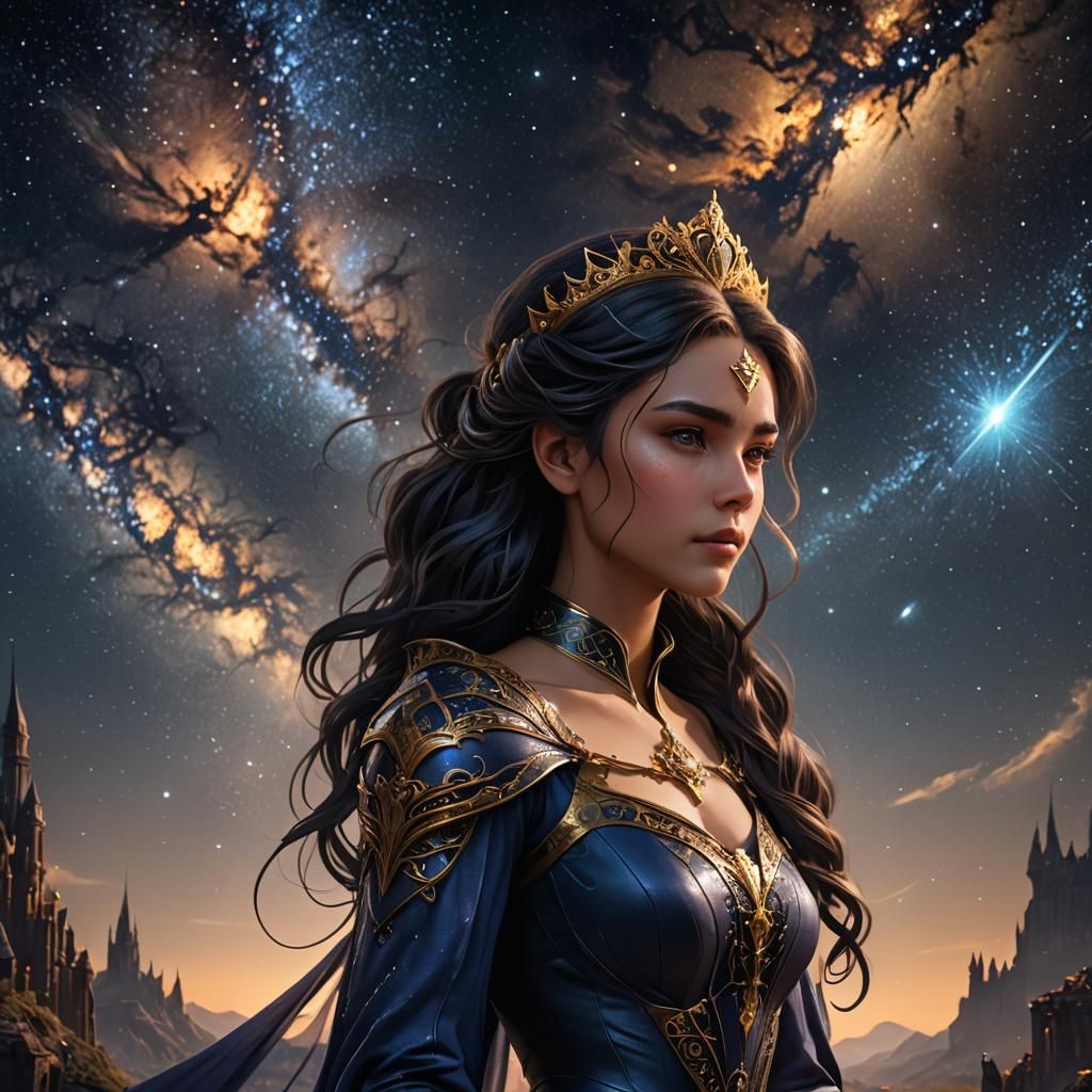 Night Princess with Milky Way Hair in Detailed Painting