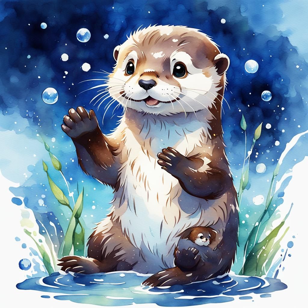 Magical Otter Watercolor Painting in Anime Style