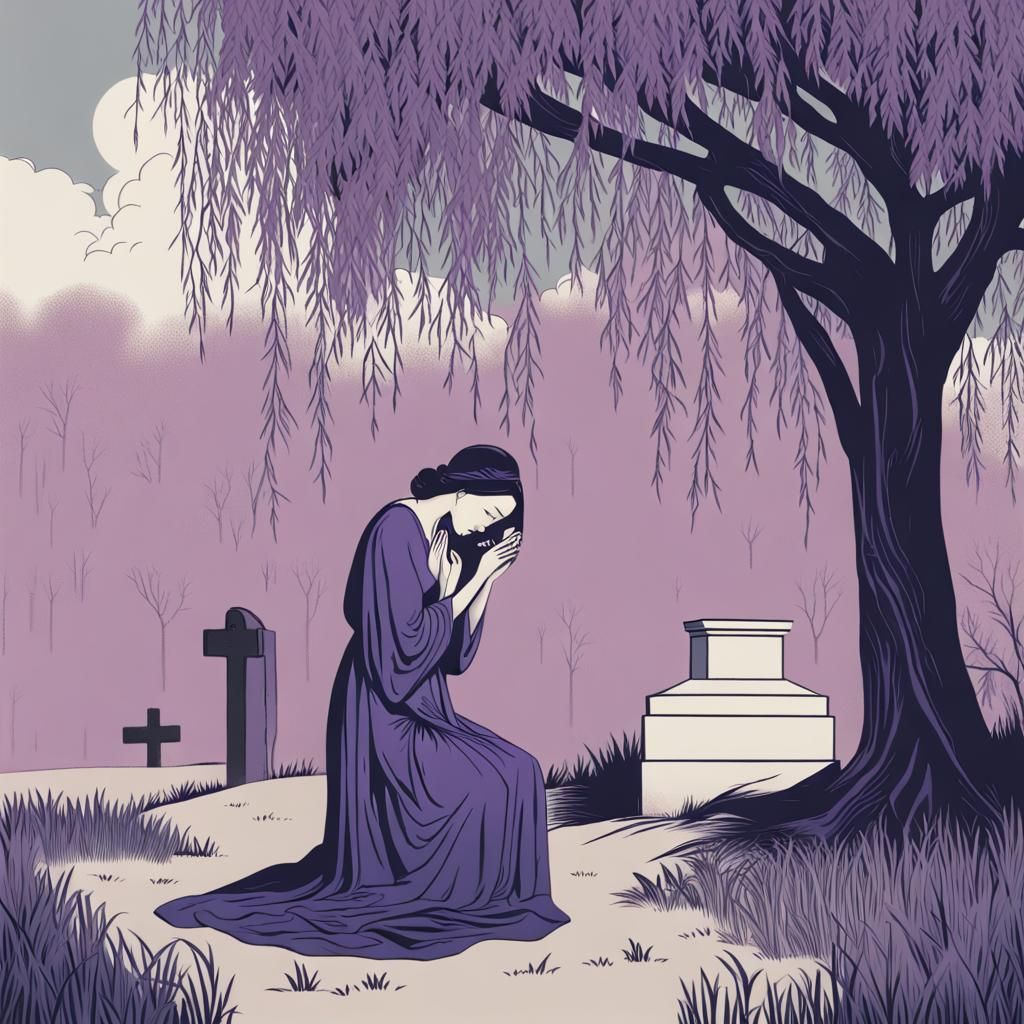 Stylized Print of Widow Weeping at Grave