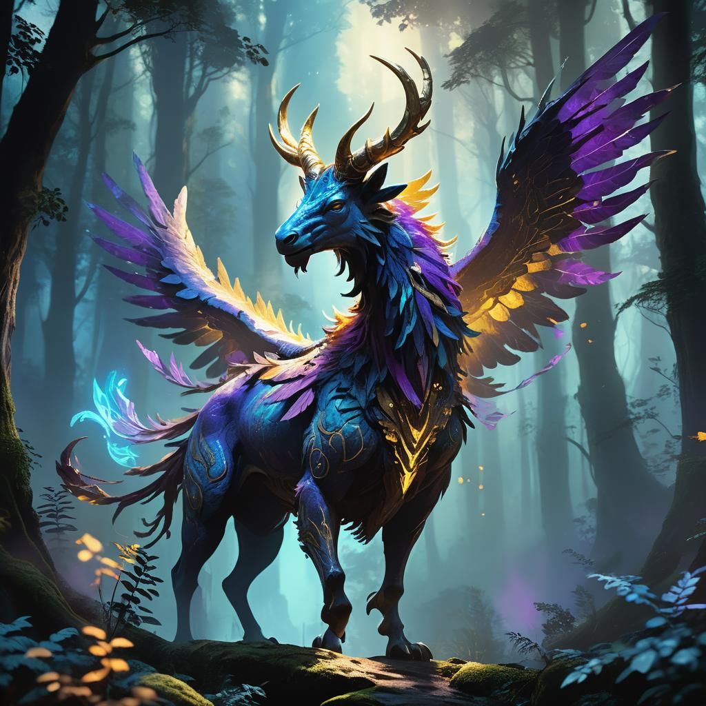 Majestic Horned Creature Soaring Through Mystical Forest