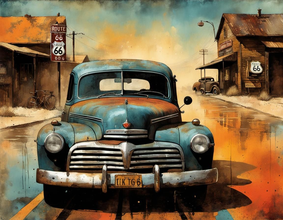 Route 66 Illustration in Antique Watercolor Style