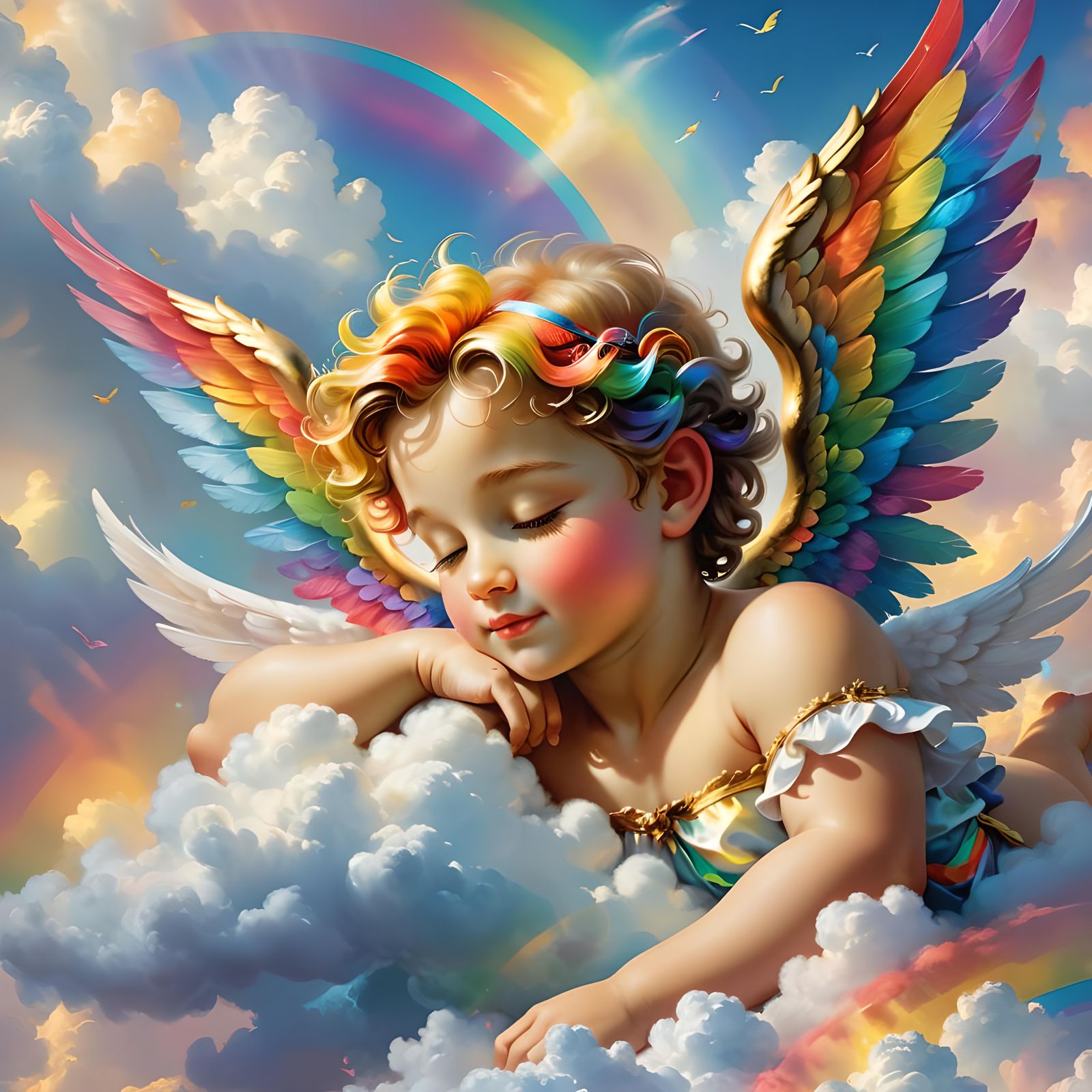 Cupid with Rainbow Wings Sleeping on Cloud