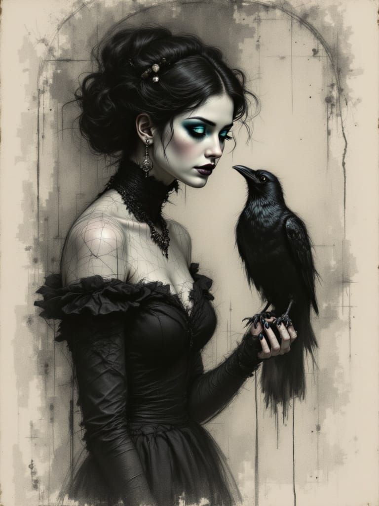 Spectral Woman with Raven in Gothic Charcoal Sketch