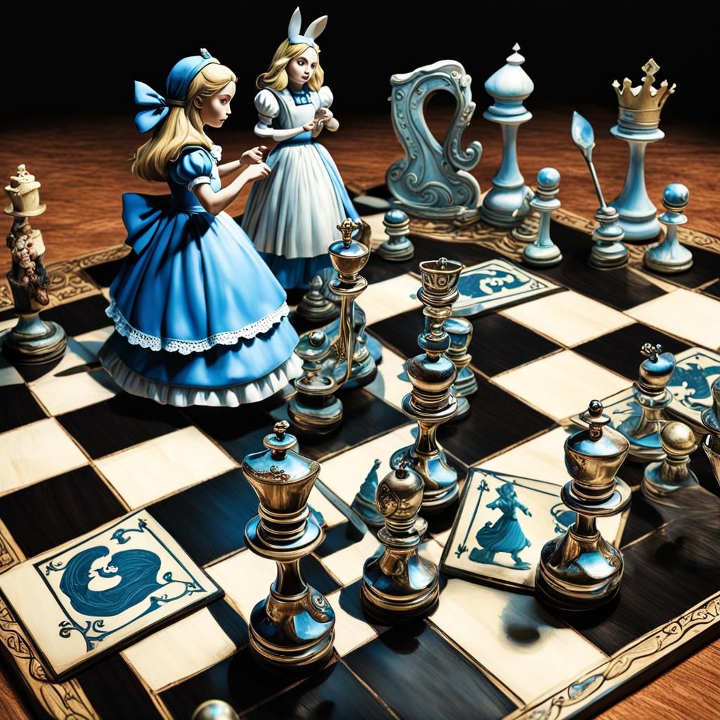 Alice in Wonderland Chess Game, Maxfield Parrish Style