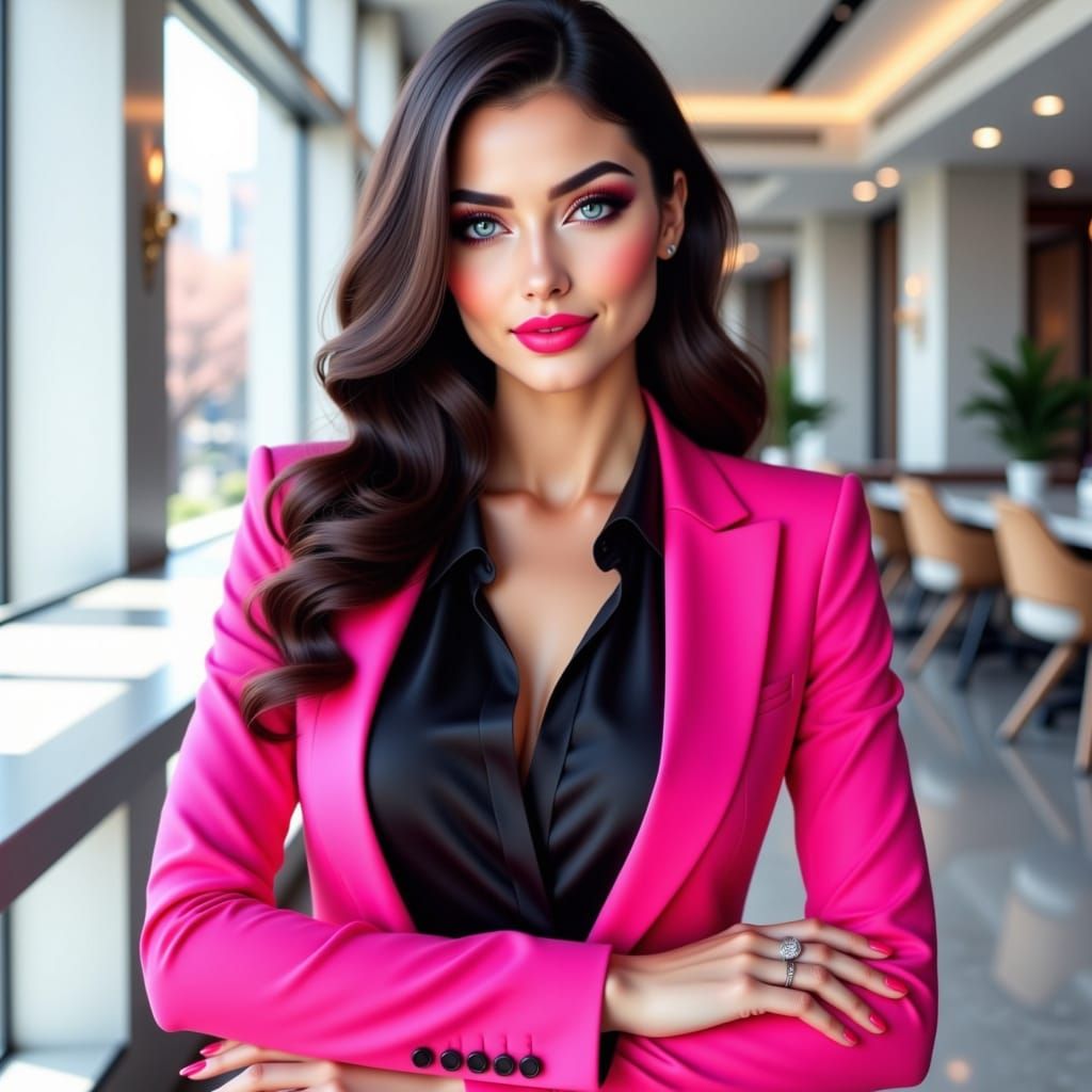 Confident Woman in Pink Suit, Hyperrealistic Digital Art