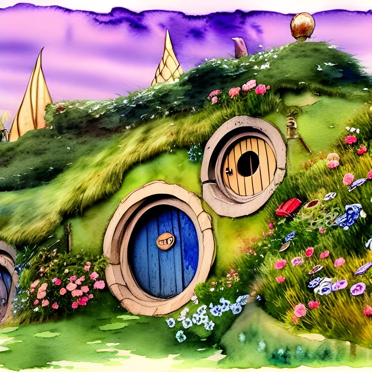 Watercolor Hobbiton Illustration in Tolkien Style