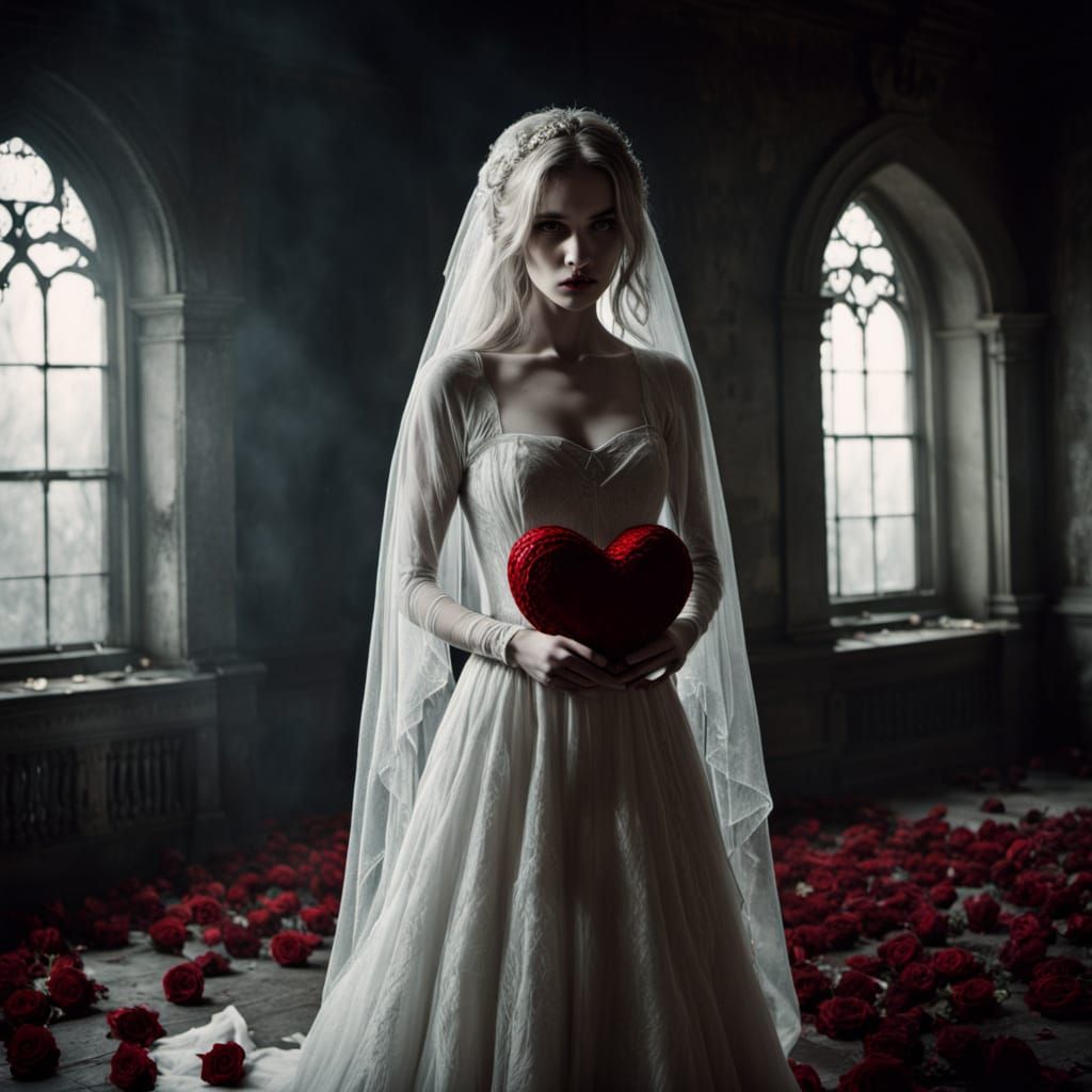 Ghost Bride With Glowing Heart in Abandoned Ballroom