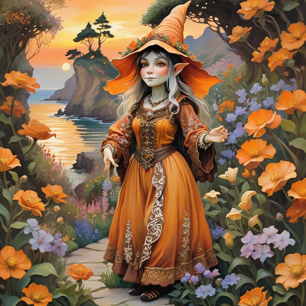 Gnome in Art Nouveau Garden: Impressionistic Painting