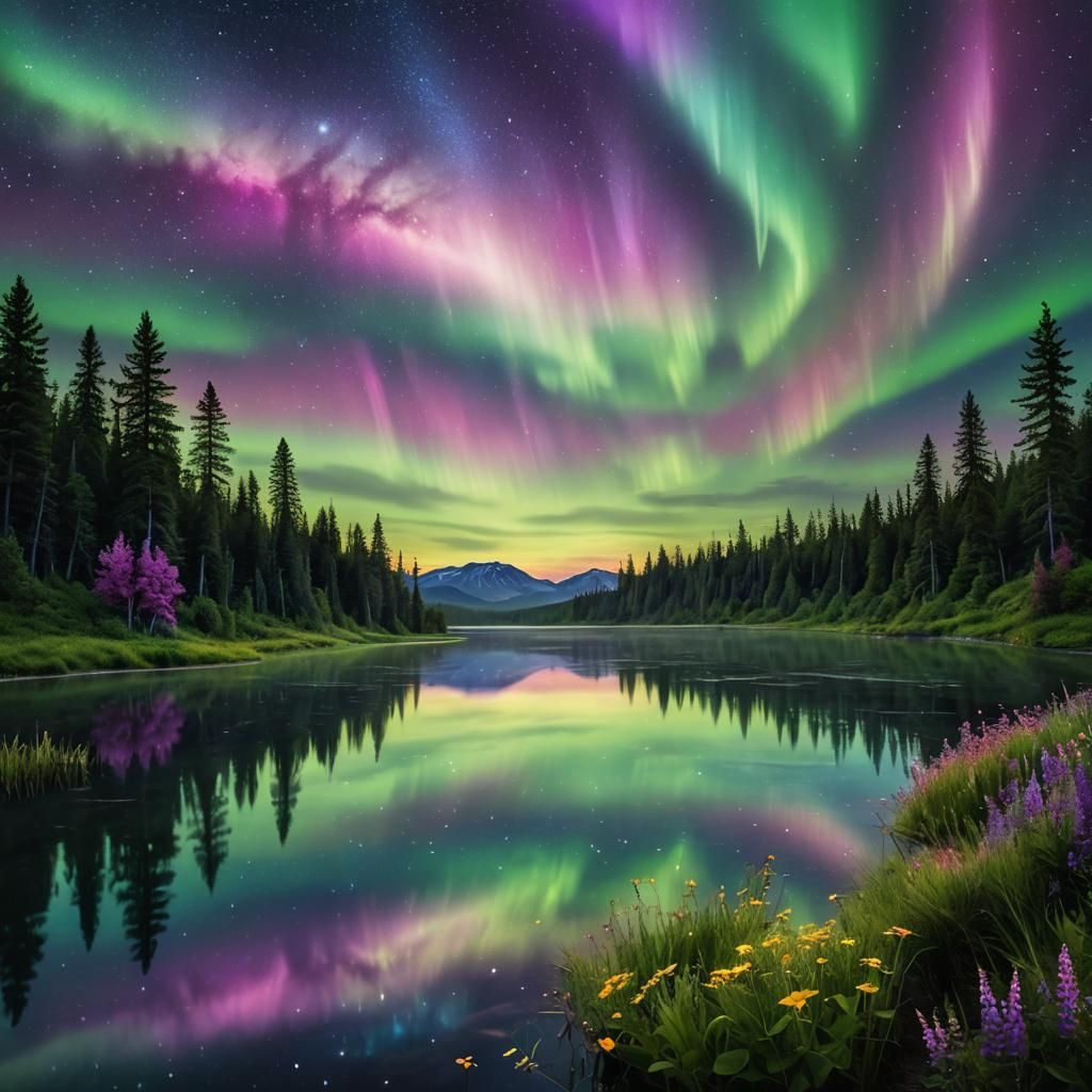 Lush Summerscape Reflected Under Aurora Sky